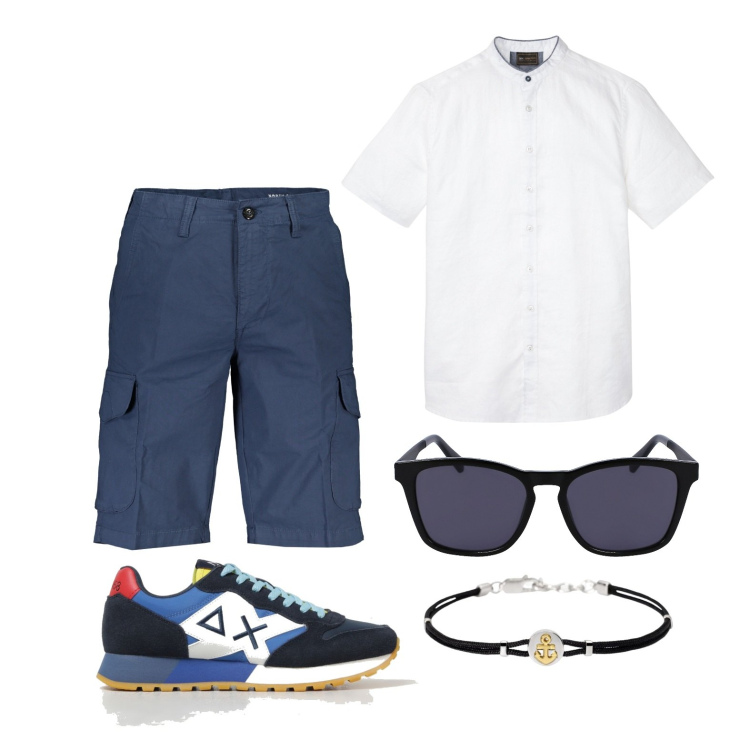 Outfit uomo - Vacanza. Stile Casual per Tutti i giorni. Abbinamento con camicie a manica corta, braccialetti, sneakers, occhiali da sole, bermuda.