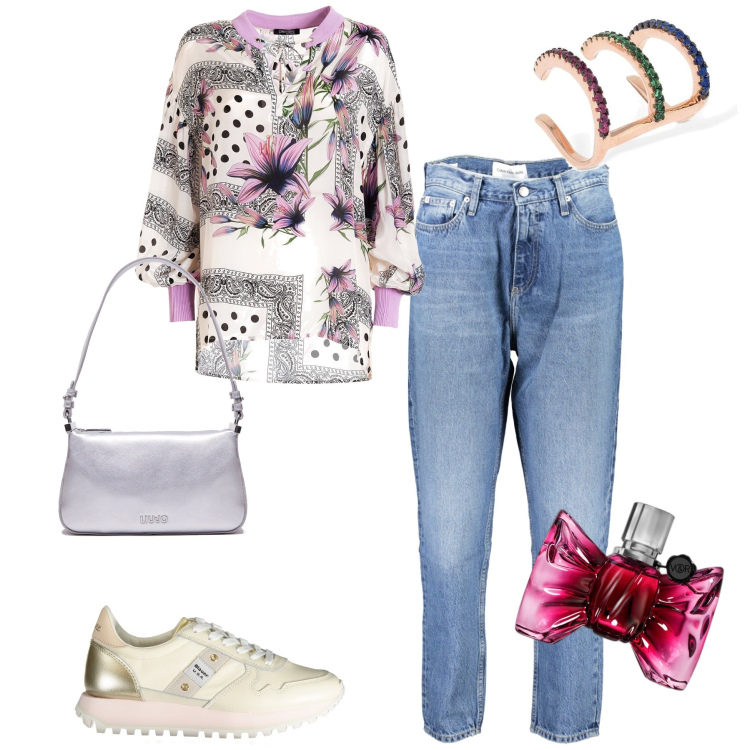 Outfit donna - Scontato total look. Stile Basic per Tutti i giorni. Abbinamento con profumi, bluse, orecchini, jeans mom, sneakers, borse a tracolla.