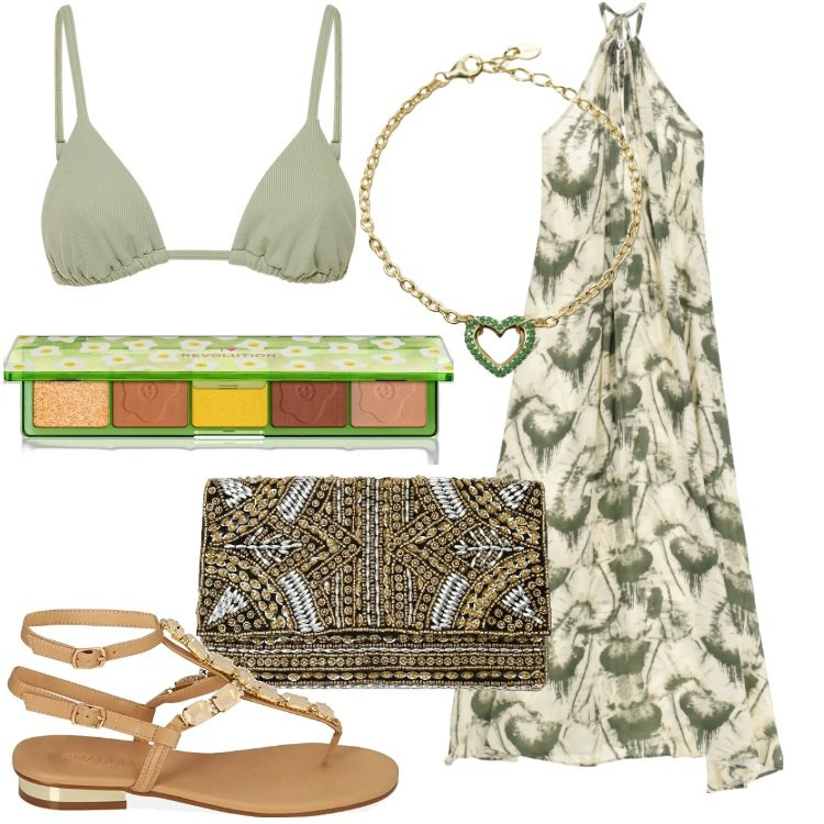 Outfit donna - Un aperitivo chic sulla spiaggia. Stile Chic per Mare. Abbinamento con ombretti, braccialetti, vestiti lunghi, ciabatte, pochette, bikini.