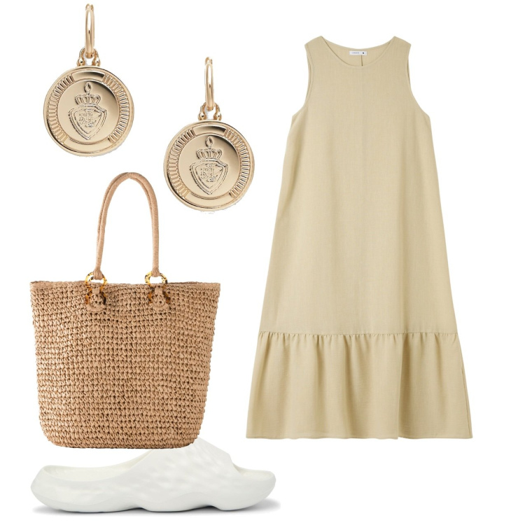Outfit donna - Glam e basic. Stile Basic per Tutti i giorni. Abbinamento con shopping bag, vestiti lunghi, sandali, orecchini.