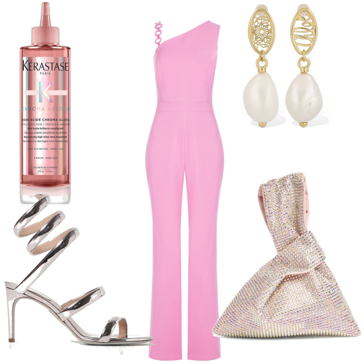 Outfit donna - Serata luccicante. Stile Glamour per Serata fuori. Abbinamento con gloss, tute, borse a mano, sandali in pelle, orecchini.