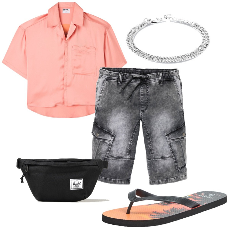 Outfit uomo - Total look #1893791. Stile Trendy per Tutti i giorni. Abbinamento con bermuda, sandali, camicie a manica corta, braccialetti, borse sportive.