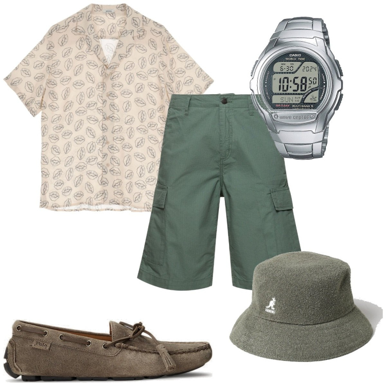 Outfit uomo - Total look #1893802. Stile Trendy per Tutti i giorni. Abbinamento con orologi, camicie a manica corta, scarpe stringate, cappelli, shorts.