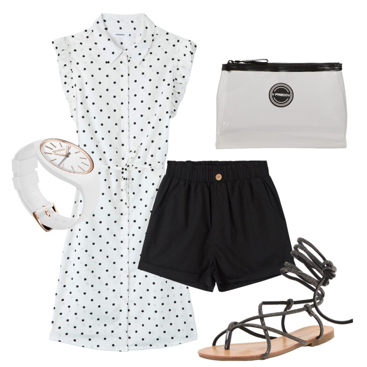 Outfit donna - La camicia over a pois. Stile Casual chic per Mare. Abbinamento con pantaloni corti, camicie a manica corta, sandali alla schiava, valigie, orologi.