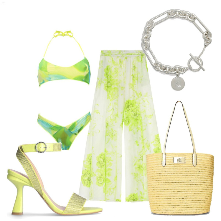 Outfit donna - Stasera aperitivo sulla spiaggia. Stile Chic per Serata fuori. Abbinamento con pantaloni a palazzo, braccialetti, borse tote, costumi, sandali col tacco.