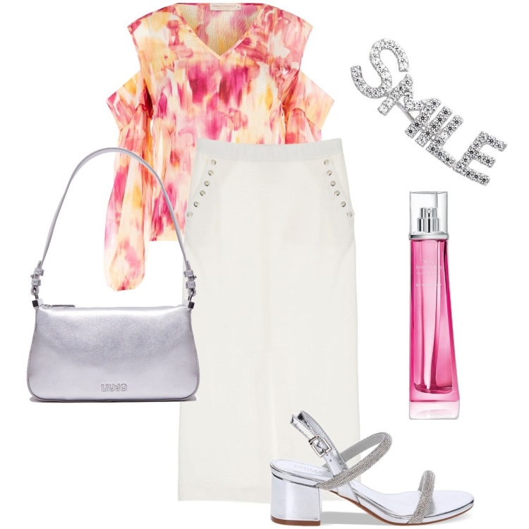 Outfit donna - La blusa stampata. Stile Bon Ton per Serata fuori. Abbinamento con orecchini, profumi, bluse, sandali gioiello, gonne longuette, borse a tracolla.