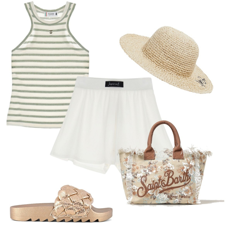 Outfit donna - Il top a righe. Stile Casual chic per Mare. Abbinamento con top, shorts, ciabatte, borse tote, cappelli.