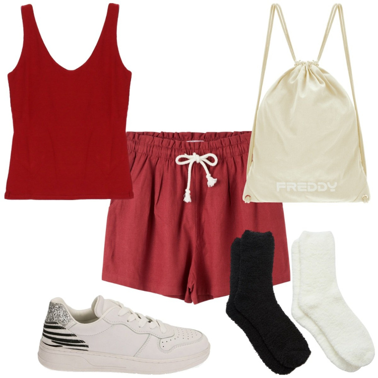 Outfit donna - Trendissima in shorts. Stile Trendy per Tutti i giorni. Abbinamento con shorts, calzini, zaini, sneakers, top.