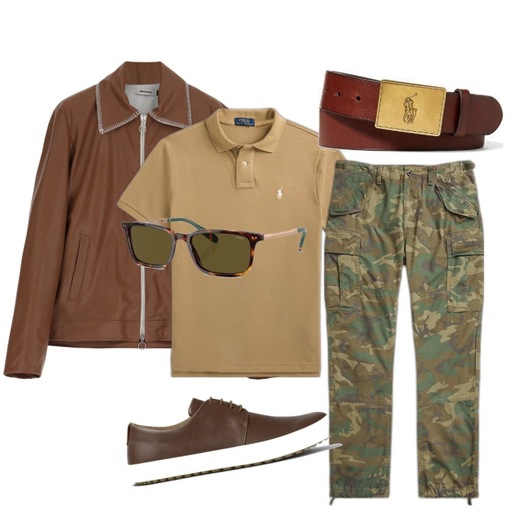 Outfit uomo - Trendy con i pantaloni camouflage. Stile Trendy per Ufficio. Abbinamento con giacche, polo, cinture, pantaloni cargo, occhiali da sole, scarpe stringate.