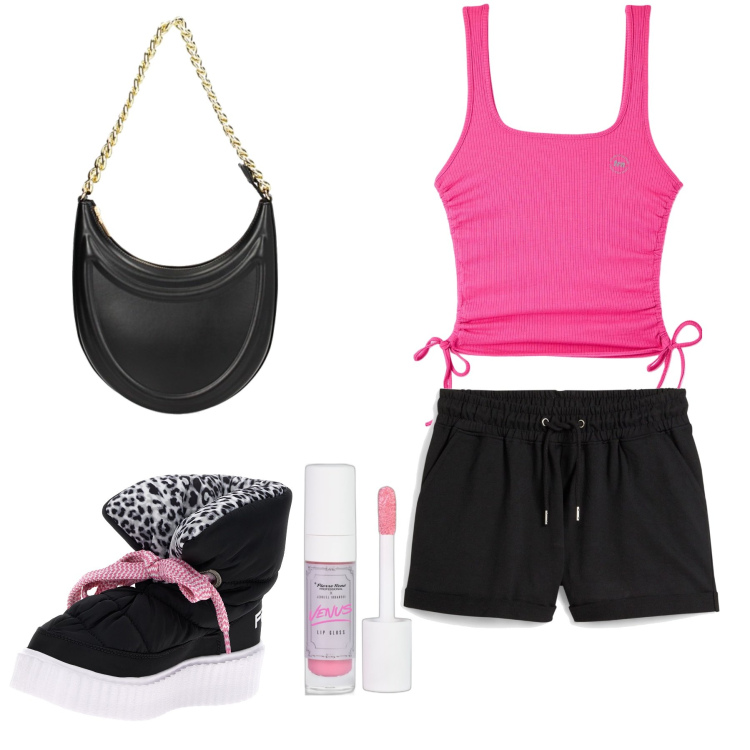 Outfit donna - Sport , ma al femminile. Stile Casual chic per Sport. Abbinamento con pantaloncini sportivi, gloss, stivali sopra il ginocchio, top sportivi, borse sportive.