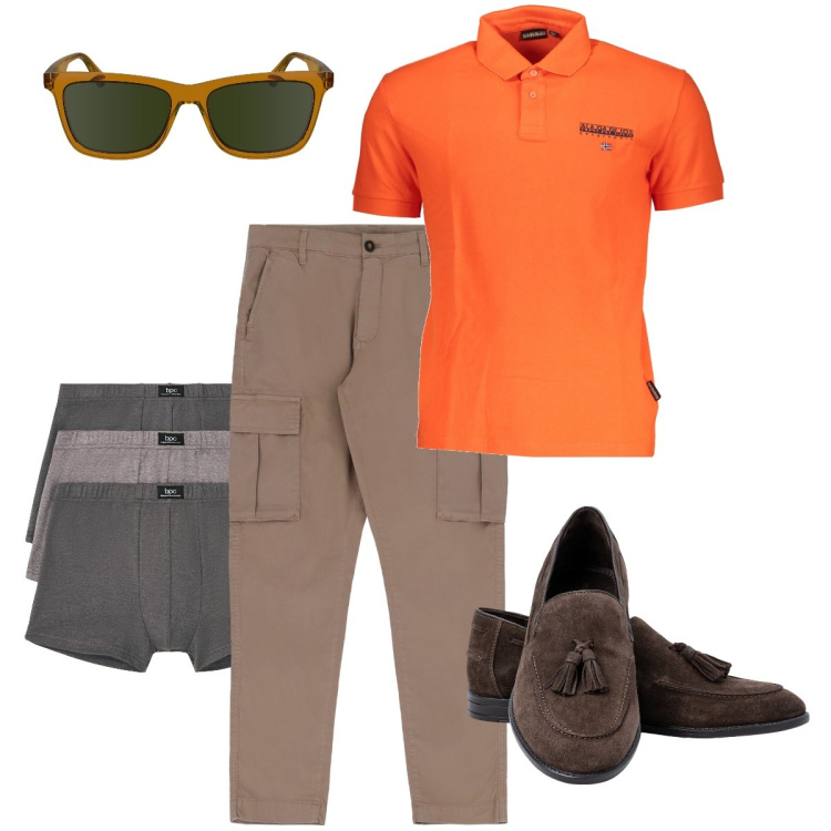 Outfit uomo - La polo arancione. Stile Business/Elegante per Ufficio. Abbinamento con boxer, pantaloni cargo, polo, occhiali da sole, scarpe stringate.