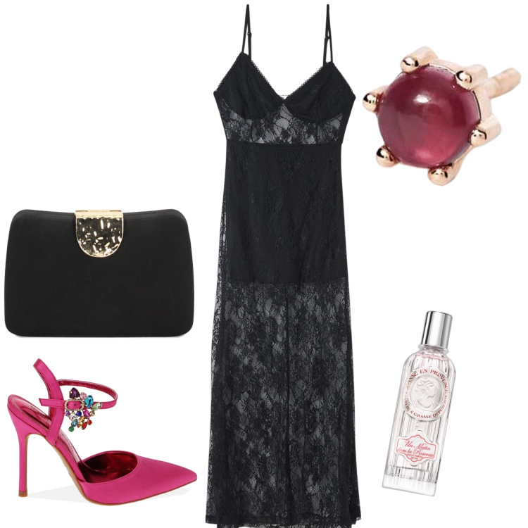 Outfit donna - Che serata cheap and chic. Stile Sexy per Serata fuori. Abbinamento con vestiti lunghi, profumi, orecchini, clutch, décolleté.