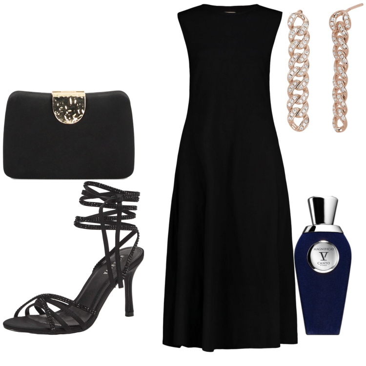 Outfit donna - Abito da cocktail. Stile Glamour per Serata fuori. Abbinamento con profumi, sandali alla schiava, orecchini, clutch, vestiti midi/longuette.