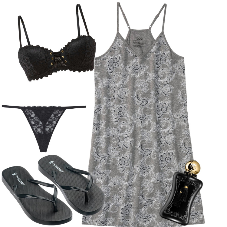 Outfit donna - Pigra domenica mattina. Stile Minimal per Tutti i giorni. Abbinamento con camicie da notte, reggiseni a balconcino, profumi, perizomi, infradito.