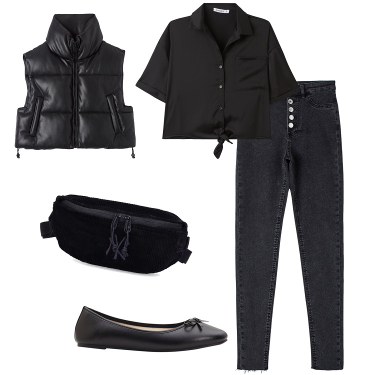 Outfit donna - Total look. Stile Basic per Tutti i giorni. Abbinamento con ballerine, piumini, jeggings, camicie a manica corta, marsupi.