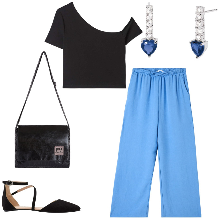 Outfit donna - Un top originale. Stile Chic per Tutti i giorni. Abbinamento con ballerine, pantaloni, t-shirt, orecchini, borse a tracolla.
