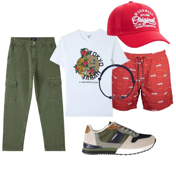 Outfit uomo - Total look #1893878. Stile Casual per Mare. Abbinamento con cappelli, pantaloni cargo, t-shirt, braccialetti, sneakers, costumi.