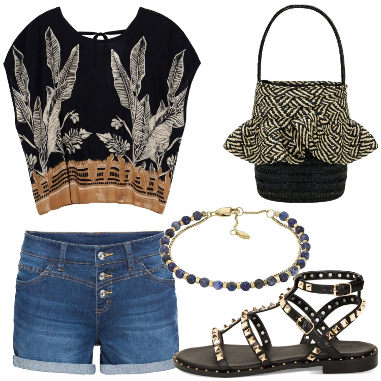 Outfit donna - Total look #1893908. Stile Rock per Tutti i giorni. Abbinamento con shorts, braccialetti, sandali, bluse, borse a secchiello.