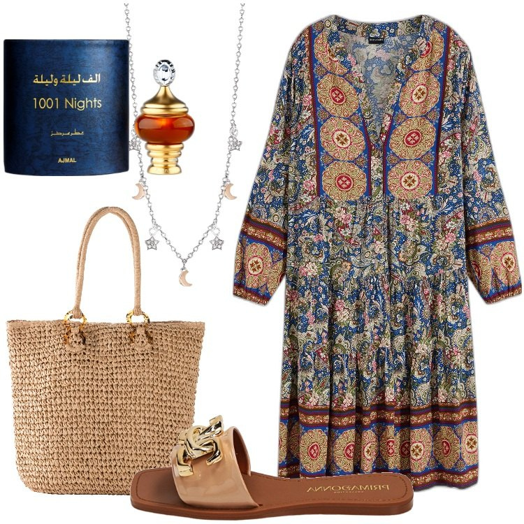 Outfit donna - Terre lontane. Stile Etnico per Tutti i giorni. Abbinamento con vestiti corti, shopping bag, profumi, collane, ciabatte.