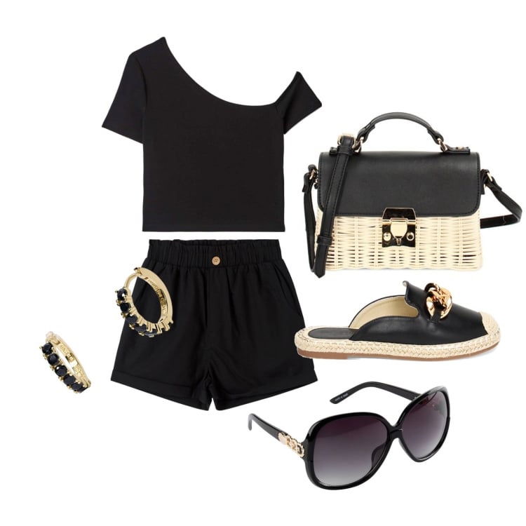 Outfit donna - Vita intensa. Stile Basic per Tutti i giorni. Abbinamento con occhiali da sole, pantaloni corti, t-shirt, orecchini, borse a tracolla, sabot.