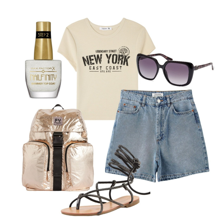 Outfit donna - Ghost outfitter - giugno. Stile Casual per Tutti i giorni. Abbinamento con smalti, t-shirt, bermuda, sandali alla schiava, zaini, occhiali da sole.