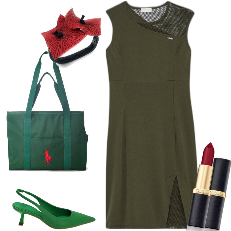 Outfit donna - Green pizza. Stile Bon Ton per Serata fuori. Abbinamento con braccialetti, rossetti, décolleté, borse tote, vestiti.