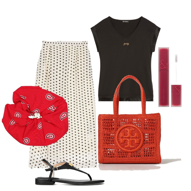 Outfit donna - Ghost outfitter - giugno. Stile Chic per Tutti i giorni. Abbinamento con rossetti, t-shirt, sandali in pelle, gonne longuette, borse a spalla, accessori per capelli.