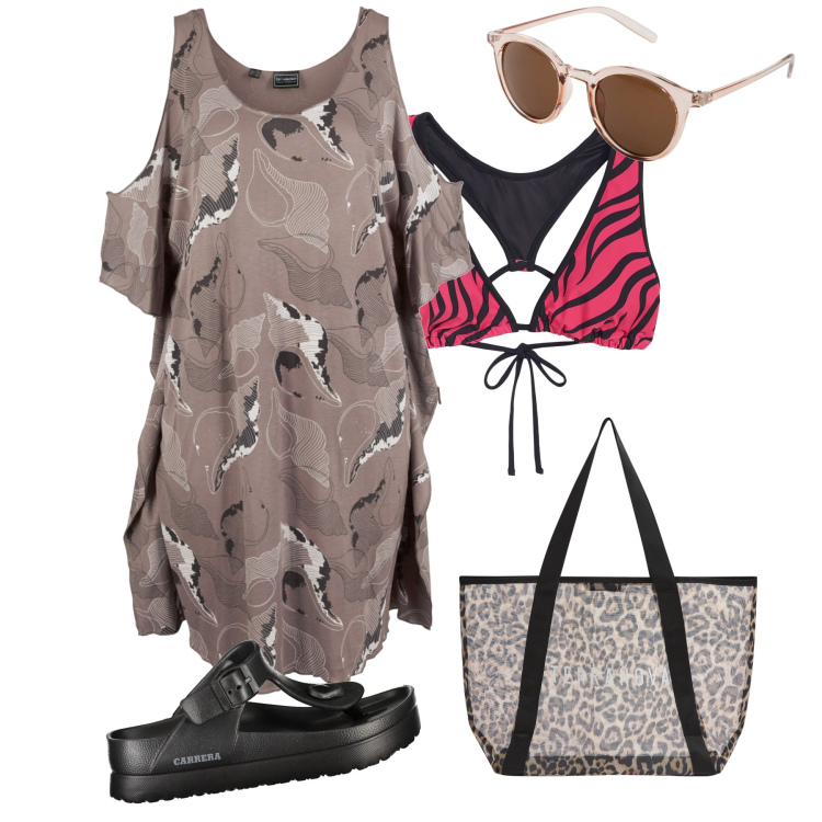 Outfit donna - Al mare dopo il temporale. Stile Trendy per Mare. Abbinamento con vestiti da spiaggia, occhiali da sole, shopping bag, bikini, infradito.