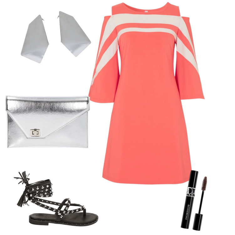 Outfit donna - Total look. Stile Basic per Ufficio. Abbinamento con vestiti, mascara, sandali, pochette, orecchini.