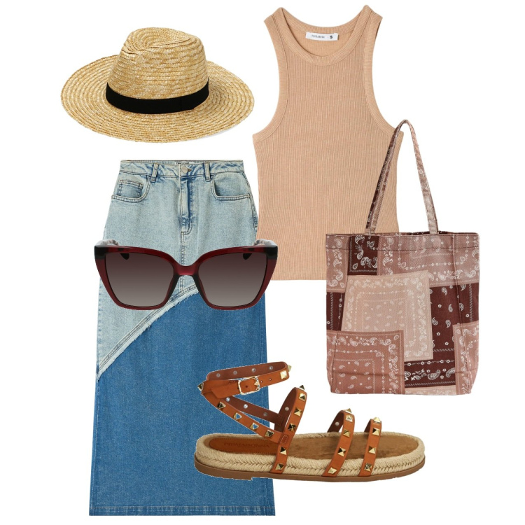 Outfit donna - Ghost outfitter - giugno. Stile Casual chic per Tutti i giorni. Abbinamento con gonne lunghe, shopping bag, canottiere, sandali, cappelli, occhiali da sole.