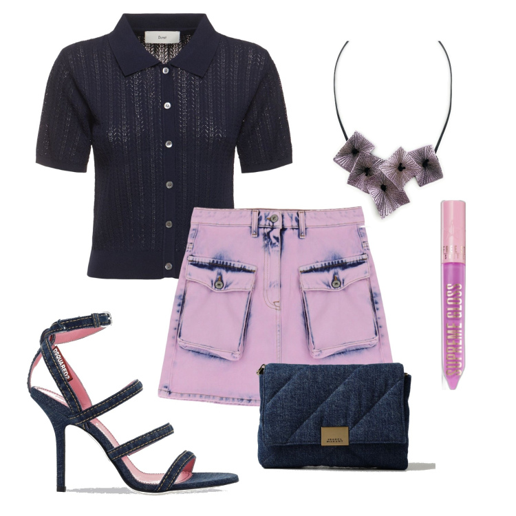 Outfit donna - Polo crochet. Stile Glamour per Tutti i giorni. Abbinamento con ciondoli, gloss, minigonne, top, borse a tracolla, sandali col tacco.