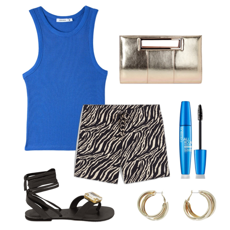 Outfit donna - Shorts animalier. Stile Glamour per Serata fuori. Abbinamento con pantaloni corti, mascara, canottiere, ciabatte, pochette, orecchini.