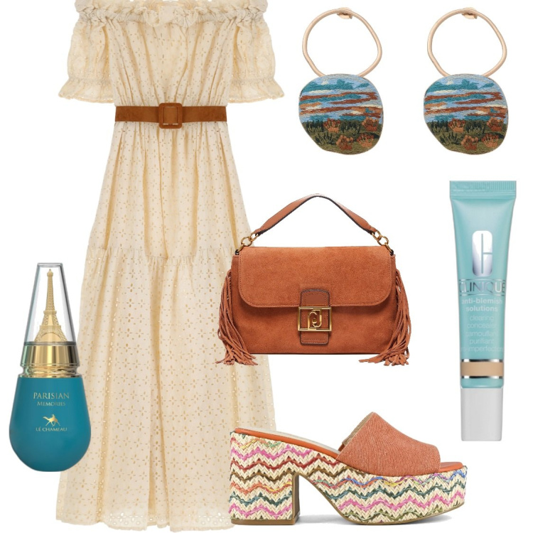 Outfit donna - Sangallo. Stile Boho per Tutti i giorni. Abbinamento con orecchini, profumi, correttori, vestiti lunghi, sandali, borse a mano.