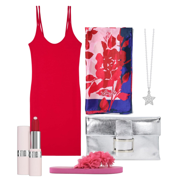 Outfit donna - Ghost outfitter - giugno. Stile Casual chic per Tutti i giorni. Abbinamento con rossetti, vestiti, collane, pochette, foulard, infradito.