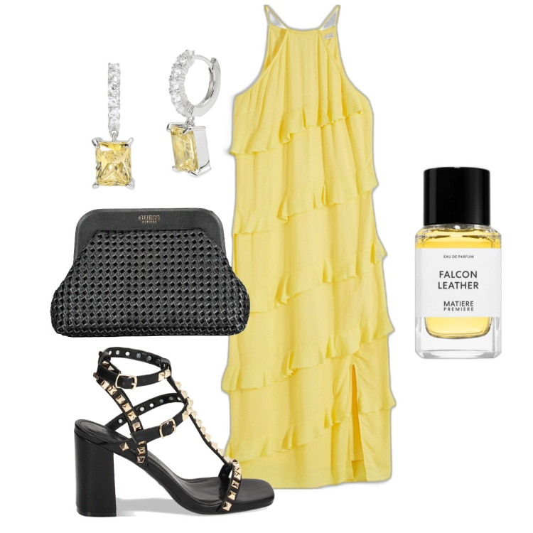 Outfit donna - Ghost outfitter - giugno. Stile Chic per Cerimonia. Abbinamento con vestiti lunghi, profumi, orecchini, sandali col tacco, borse a mano.