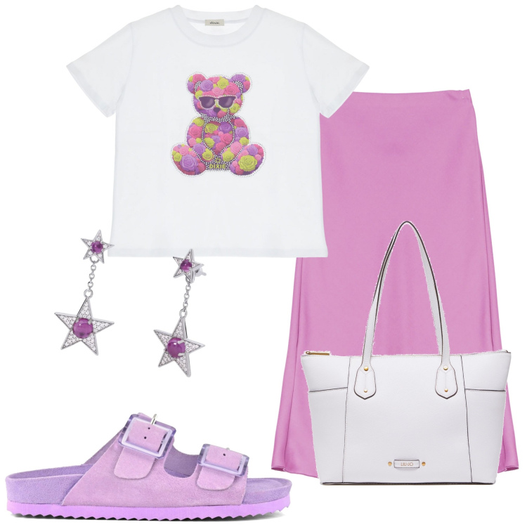 Outfit donna - In città. Stile Casual chic per Tutti i giorni. Abbinamento con orecchini, gonne longuette, t-shirt, sandali, borse a mano.