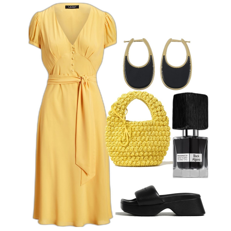 Outfit donna - Ghost outfitter - giugno. Stile Bon Ton per Tutti i giorni. Abbinamento con profumi, vestiti, borse a mano, sandali col tacco, orecchini.