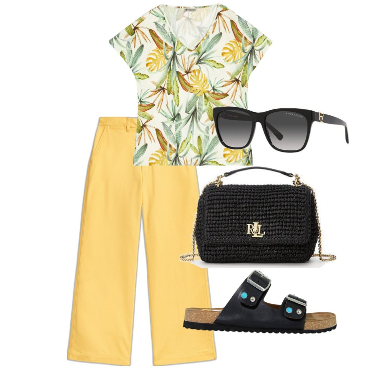 Outfit donna - Ghost outfitter - giugno. Stile Casual chic per Tutti i giorni. Abbinamento con t-shirt, sandali gioiello, occhiali da sole, borse a spalla, pantaloni chino.