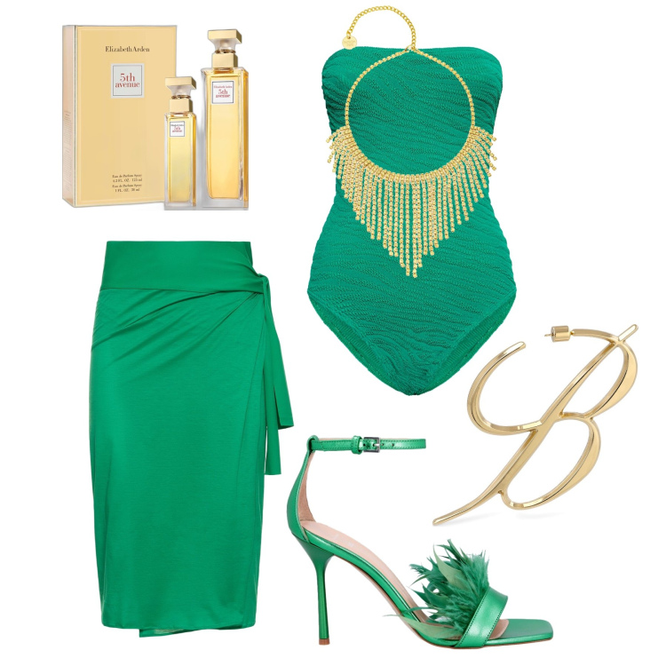 Outfit donna - Resto in costume, ma metto i tacchi. Stile Glamour per Mare. Abbinamento con collane, profumi, costumi interi, orecchini, vestiti da spiaggia, sandali col tacco.