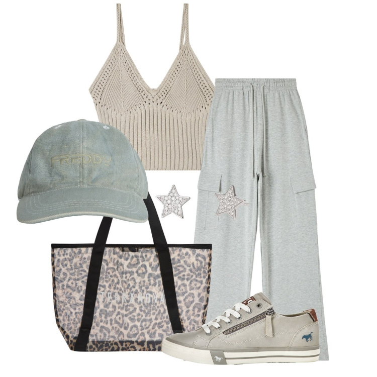 Outfit donna - Ghost outfitter - giugno. Stile Basic per Tutti i giorni. Abbinamento con sneakers, pantaloni, shopping bag, top, orecchini, cappelli.