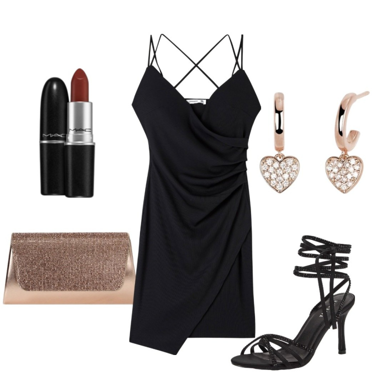 Outfit donna - Festa d\'estate. Stile Glamour per Serata fuori. Abbinamento con rossetti, vestiti, sandali alla schiava, orecchini, pochette.