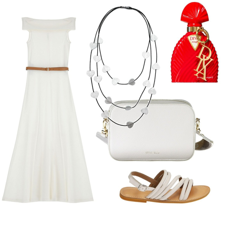 Outfit donna - Total look #1894072. Stile Bon Ton per Serata fuori. Abbinamento con collane, profumi, vestiti midi/longuette, sandali in pelle, borse a tracolla.