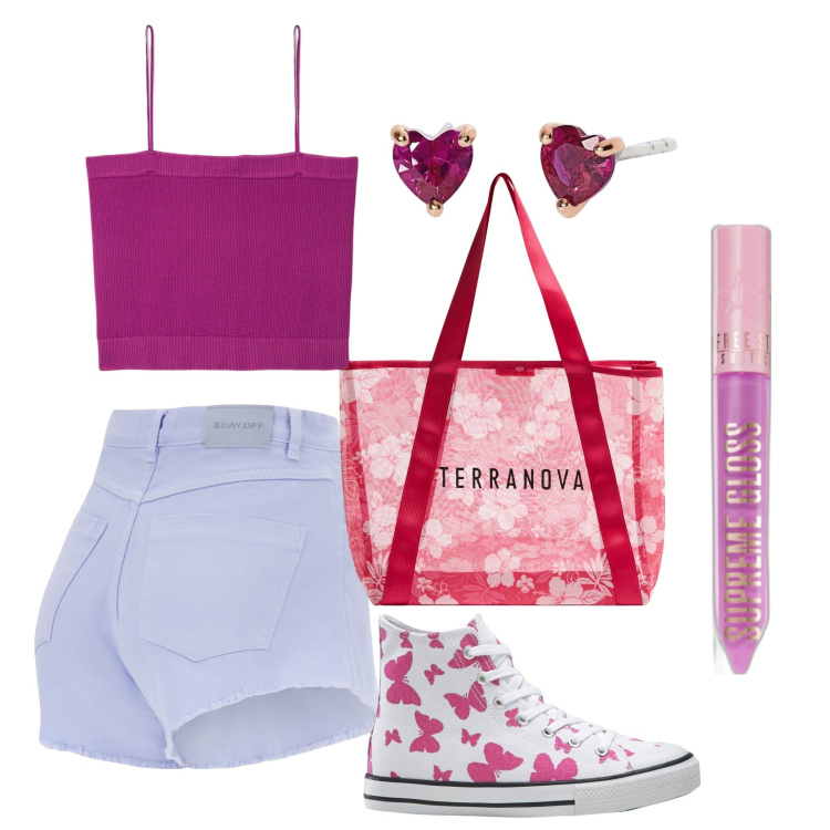 Outfit donna - Per l\'amica estrosa è già estate. Stile Casual per Tutti i giorni. Abbinamento con sneakers alte, gloss, shopping bag, canottiere, orecchini, shorts.