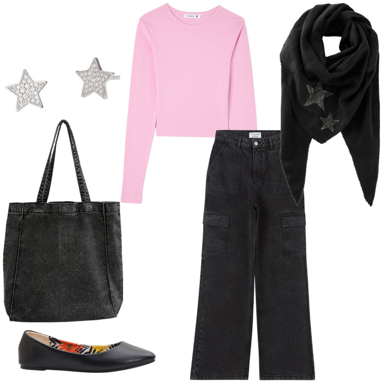 Outfit donna - Pioggia di stelle su un tenero golfino. Stile Bon Ton per Tutti i giorni. Abbinamento con ballerine, foulard, shopping bag, jeans, t-shirt, orecchini.