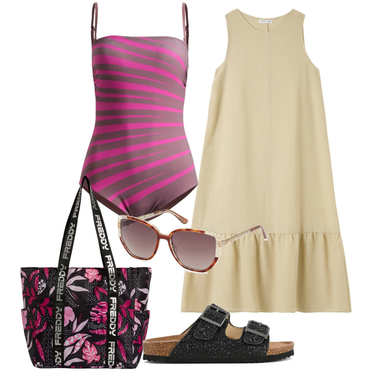 Outfit donna - Mare. Stile Bon Ton per Mare. Abbinamento con costumi interi, vestiti lunghi, shopping bag, occhiali da sole, sandali.