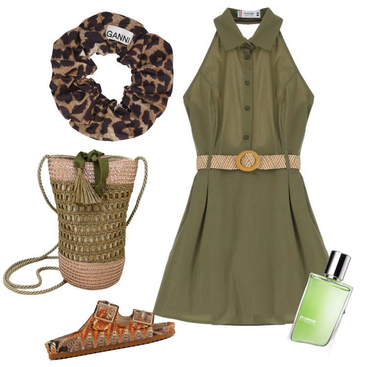 Outfit donna - Comoda serata pizza. Stile Trendy per Serata fuori. Abbinamento con profumi, vestiti corti, borse a secchiello, sandali, accessori per capelli.