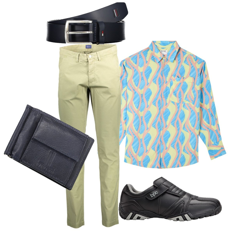 Outfit uomo - Serata al pub con gli amici. Stile Trendy per Serata speciale. Abbinamento con scarpe stringate, camicie, portafogli, cinture, pantaloni.