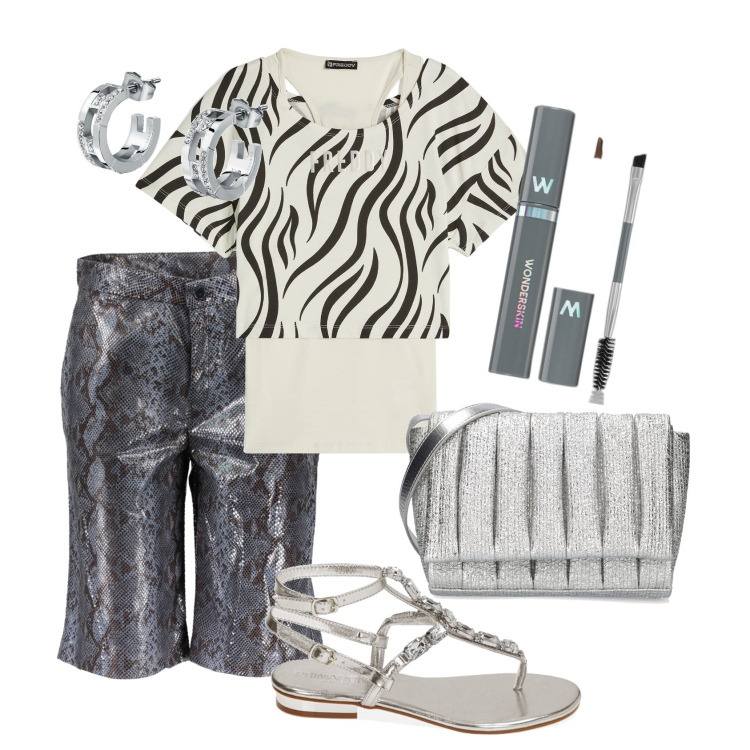 Outfit donna - In grigio. Stile Casual chic per Tutti i giorni. Abbinamento con orecchini, mascara, canottiere, ciabatte, bermuda, borse a spalla.