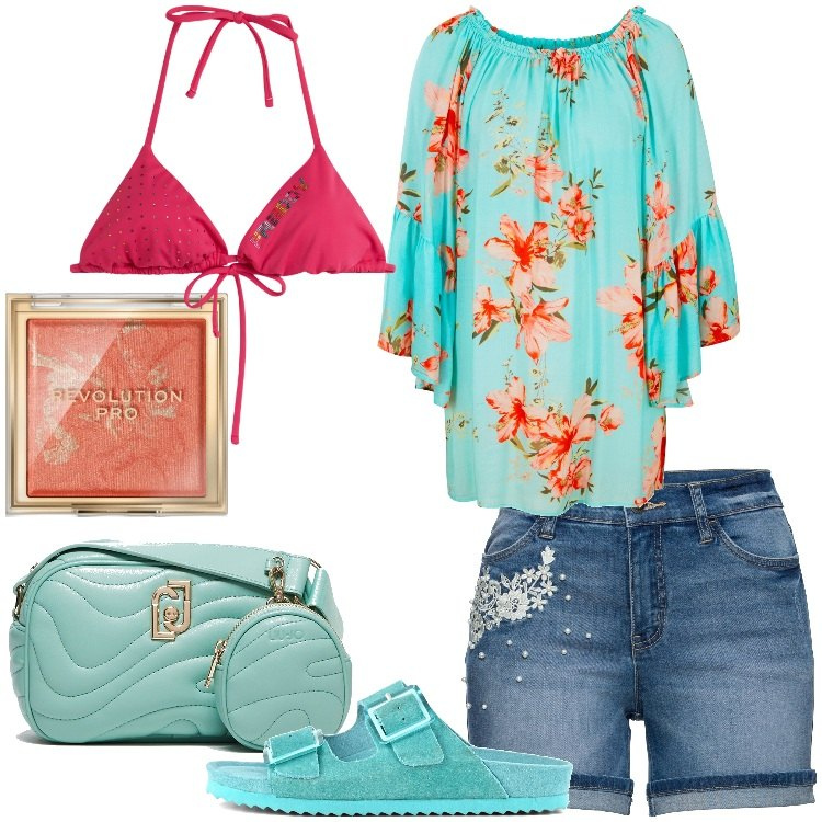 Outfit donna - Il copricostume con gli shorts. Stile Romantica per Mare. Abbinamento con vestiti da spiaggia, shorts, blush, bikini, sandali, borse a tracolla.