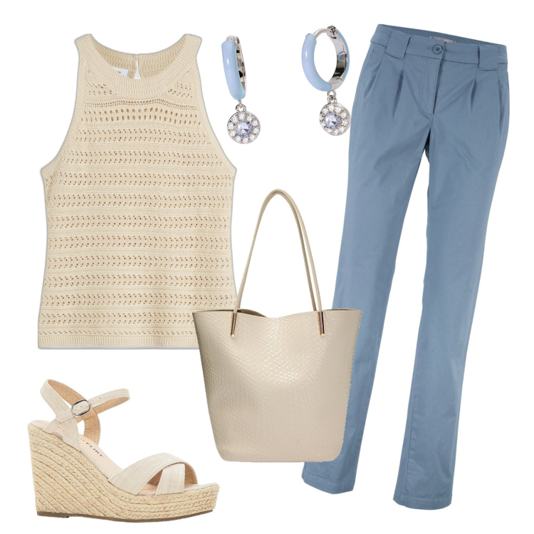 Outfit donna - Beige e celeste. Stile Basic per Tutti i giorni. Abbinamento con pantaloni chino, sandali, top, orecchini, borse a spalla.